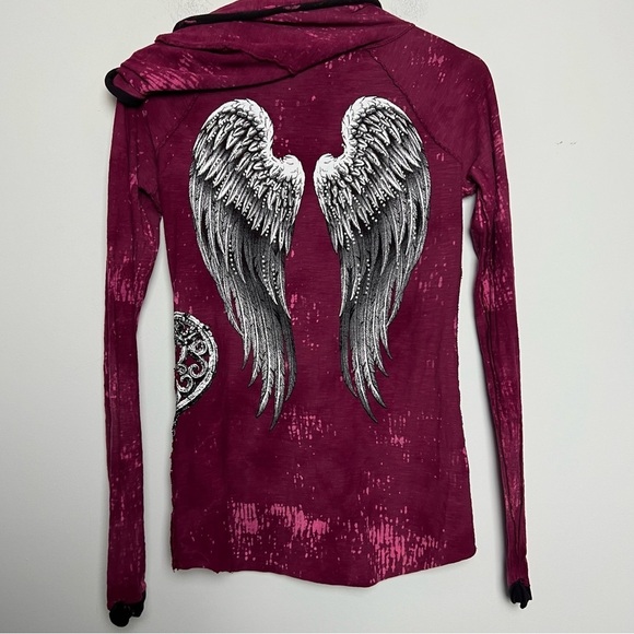 Affliction 90s Burgundy Long Sleeve Hoodie Spell Out Top Embellished Angel Wings - Picture 2 of 15